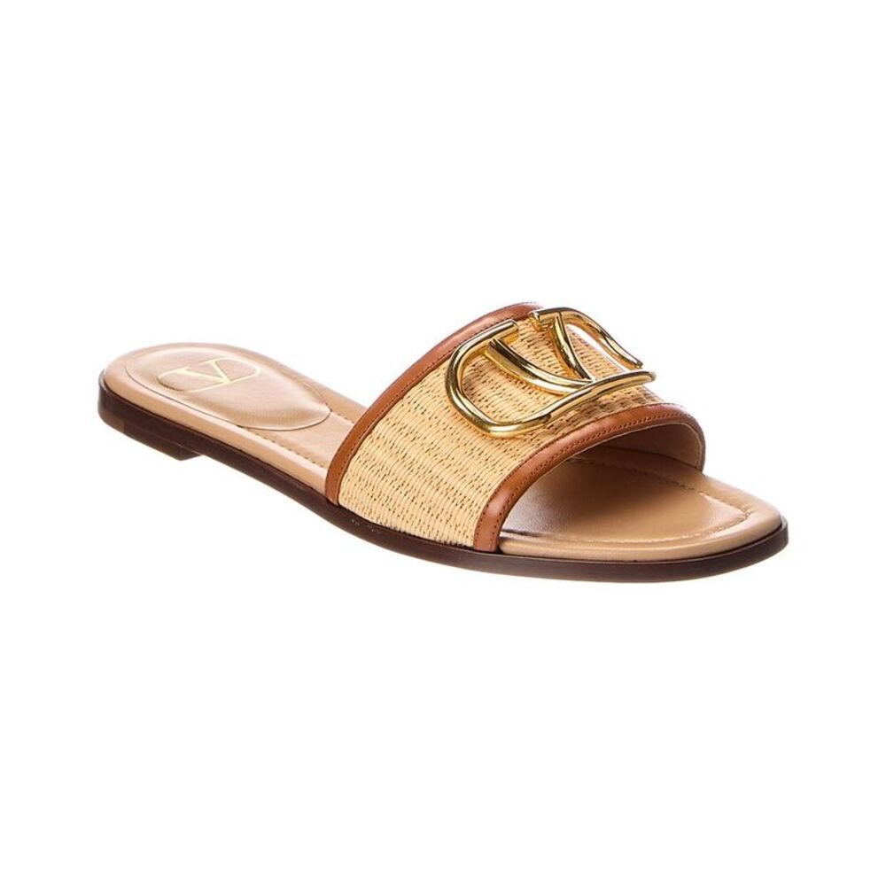 Valentino Vlogo Signature Raffia & Leather Sandal, Beige